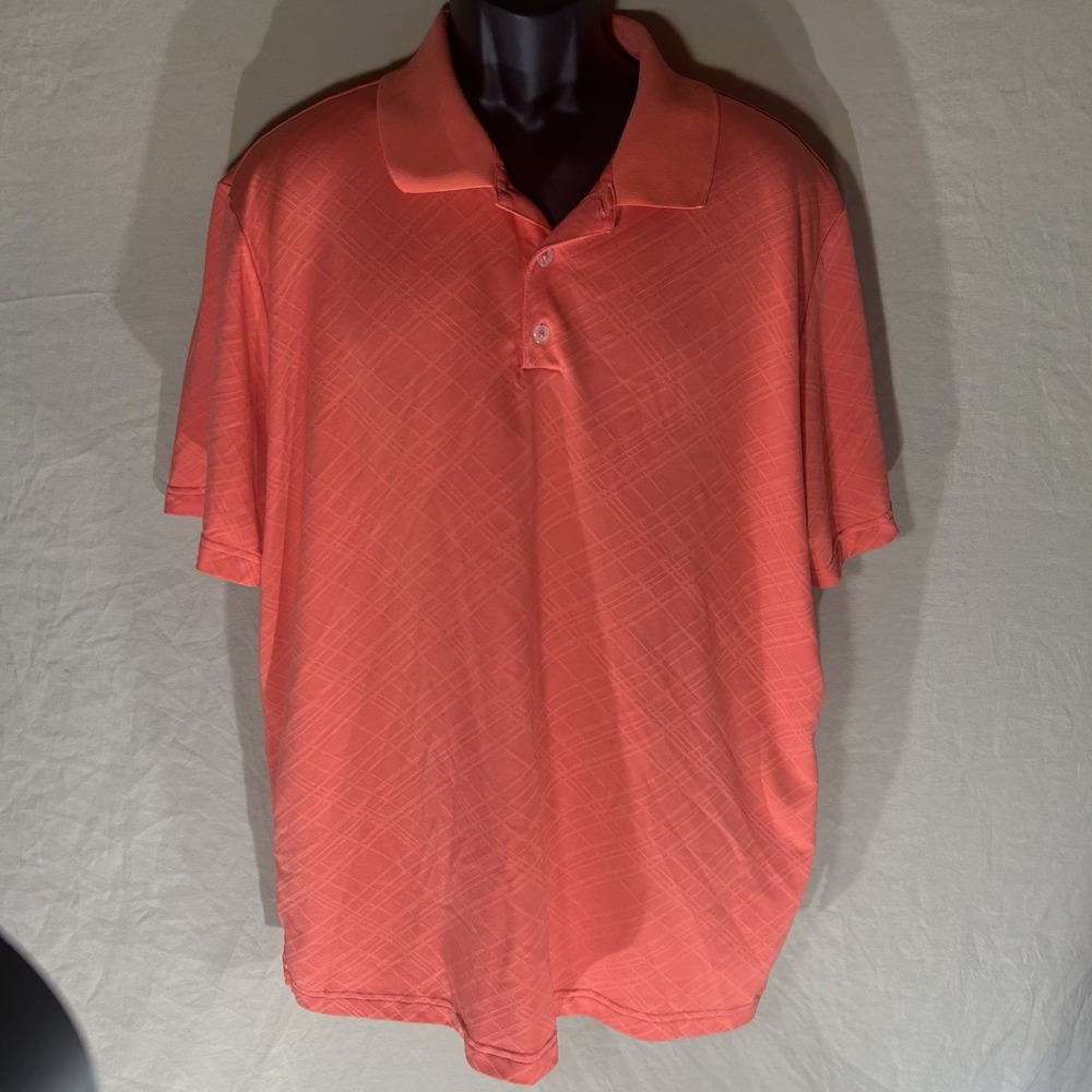 Adidas Mens XL Golf Polo Shirt Coral Orange Geometric Plaid Athletic Performance